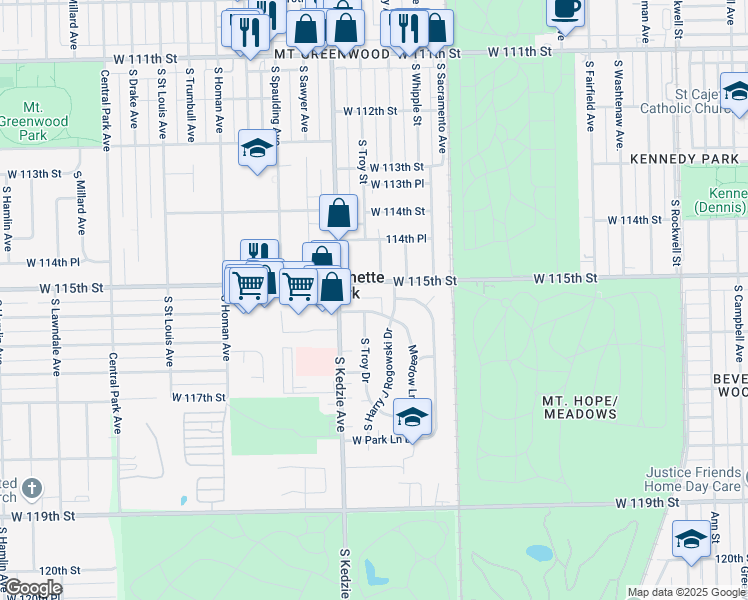 map of restaurants, bars, coffee shops, grocery stores, and more near 3166 West Meadow Lane Drive in Merrionette Park