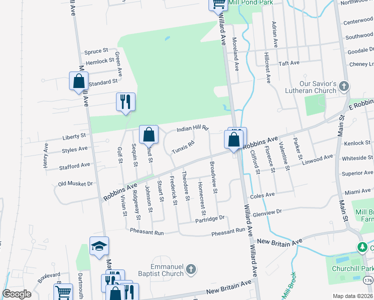 map of restaurants, bars, coffee shops, grocery stores, and more near 31 Tunxis Road in Newington