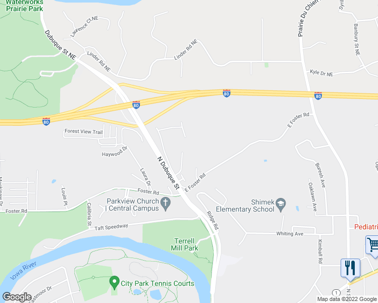 map of restaurants, bars, coffee shops, grocery stores, and more near 1958 Meadow Ridge Lane in Iowa City