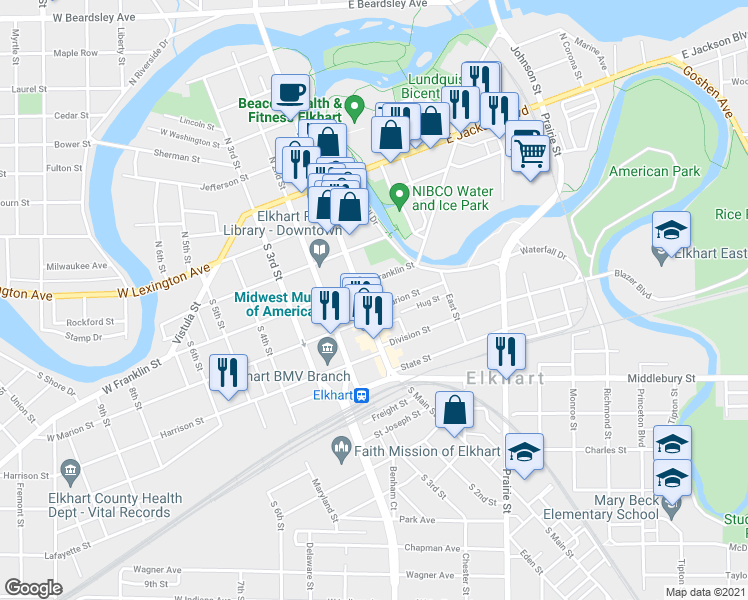 map of restaurants, bars, coffee shops, grocery stores, and more near 416 South Main Street in Elkhart