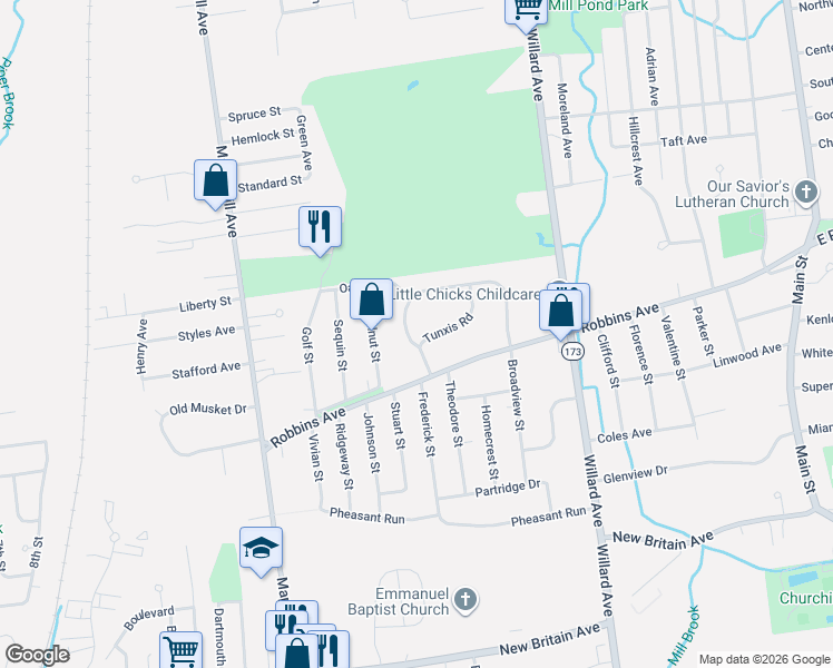 map of restaurants, bars, coffee shops, grocery stores, and more near 165 Indian Hill Road in Newington