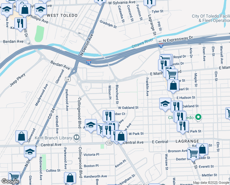 map of restaurants, bars, coffee shops, grocery stores, and more near 3300-3304 Blanchard Street in Toledo