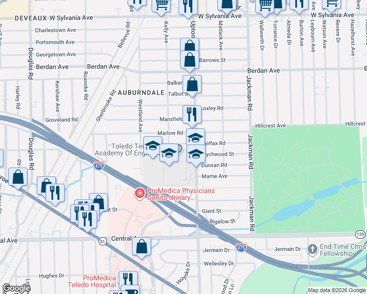 map of restaurants, bars, coffee shops, grocery stores, and more near 1935 Fairfax Road in Toledo