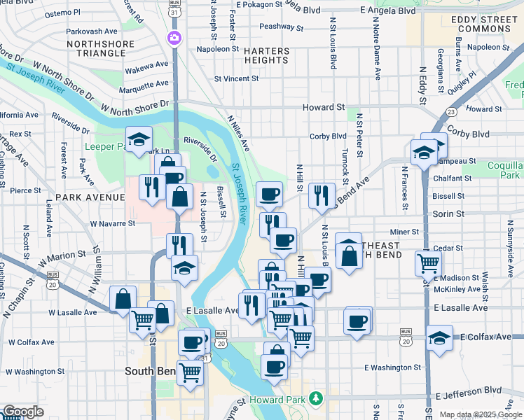 map of restaurants, bars, coffee shops, grocery stores, and more near 617 Neddo Court in South Bend