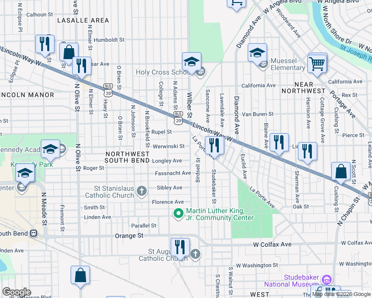 map of restaurants, bars, coffee shops, grocery stores, and more near 645 Wilber Street in South Bend