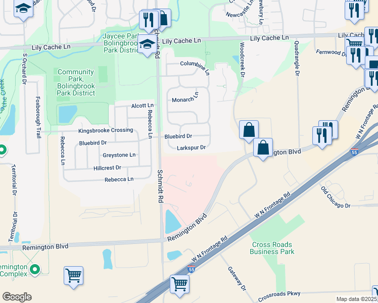 map of restaurants, bars, coffee shops, grocery stores, and more near 542 Larkspur Drive in Bolingbrook