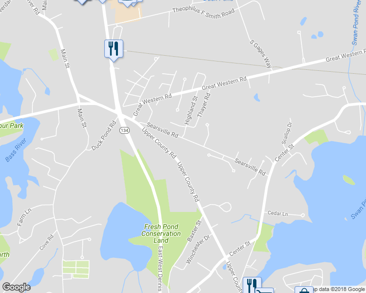 map of restaurants, bars, coffee shops, grocery stores, and more near 63 Searsville Road in Dennis