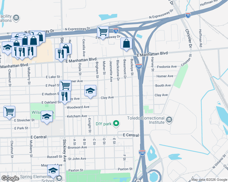 map of restaurants, bars, coffee shops, grocery stores, and more near 3311 Jeannette Avenue in Toledo