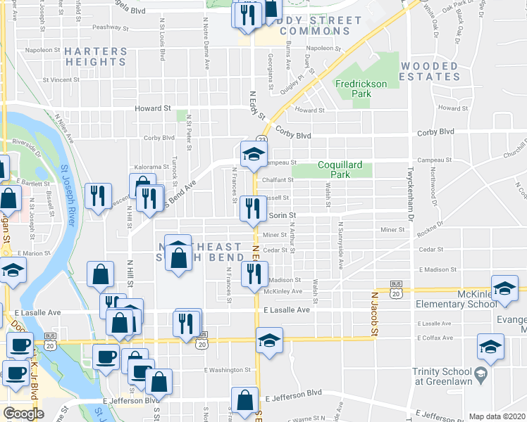 map of restaurants, bars, coffee shops, grocery stores, and more near 1111 East Sorin Street in South Bend