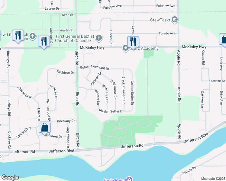 map of restaurants, bars, coffee shops, grocery stores, and more near 55815 Wild Game Drive in Osceola