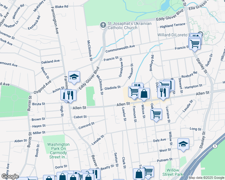 map of restaurants, bars, coffee shops, grocery stores, and more near 37 Gladiola Street in New Britain
