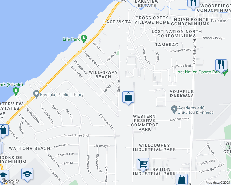 map of restaurants, bars, coffee shops, grocery stores, and more near 269 Courtland Boulevard in Eastlake