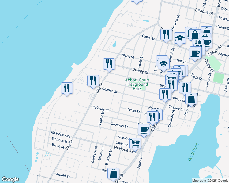 map of restaurants, bars, coffee shops, grocery stores, and more near 398 Sunset Hill in Fall River