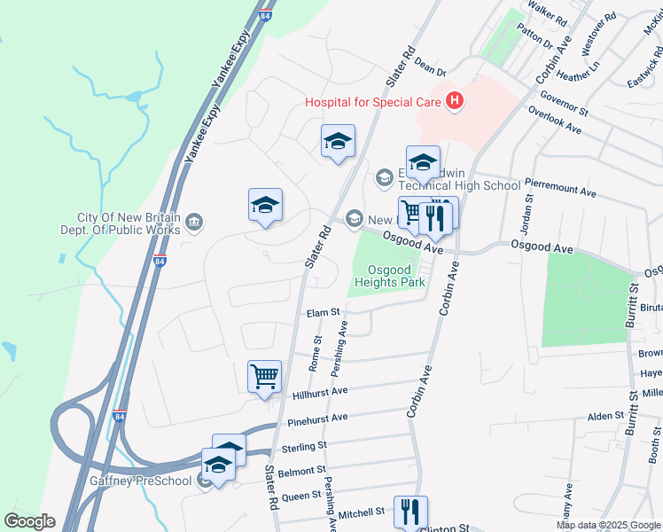 map of restaurants, bars, coffee shops, grocery stores, and more near 90 Jerome Drive in New Britain