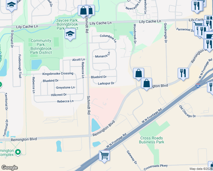 map of restaurants, bars, coffee shops, grocery stores, and more near 542 Larkspur Drive in Bolingbrook