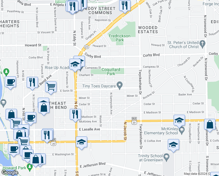 map of restaurants, bars, coffee shops, grocery stores, and more near 1307 East Sorin Street in South Bend