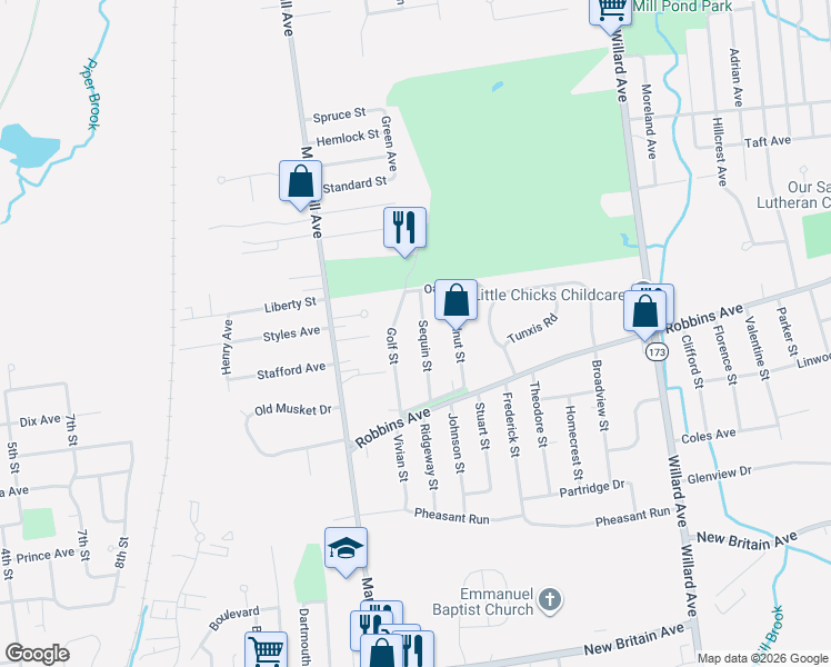 map of restaurants, bars, coffee shops, grocery stores, and more near 52 Sequin Street in Newington