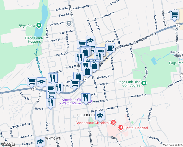 map of restaurants, bars, coffee shops, grocery stores, and more near 59 Farmington Avenue in Bristol