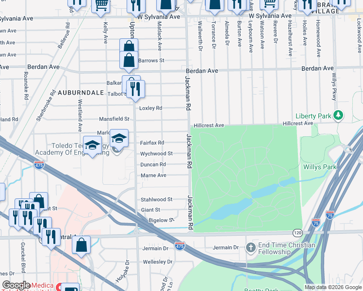 map of restaurants, bars, coffee shops, grocery stores, and more near 1702 Wychwood Street in Toledo