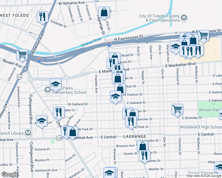 map of restaurants, bars, coffee shops, grocery stores, and more near 46 East Pearl Street in Toledo