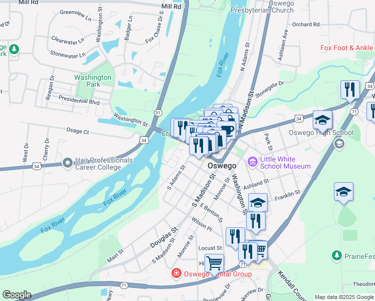 map of restaurants, bars, coffee shops, grocery stores, and more near 69 Washington Street in Oswego