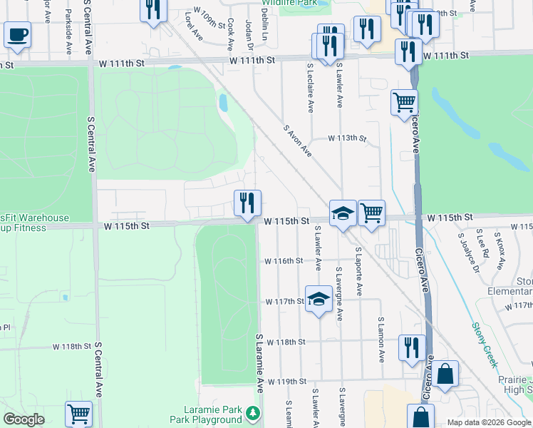 map of restaurants, bars, coffee shops, grocery stores, and more near 5146 West 115th Street in Alsip
