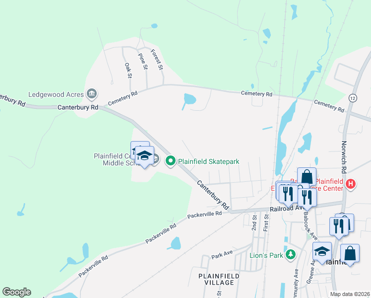 map of restaurants, bars, coffee shops, grocery stores, and more near 78 Canterbury Road in Plainfield
