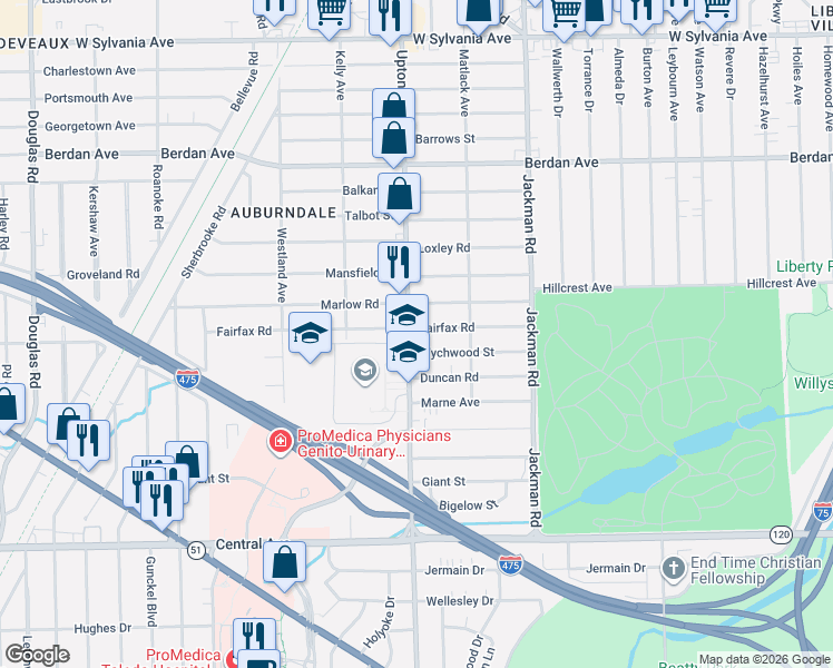 map of restaurants, bars, coffee shops, grocery stores, and more near 3408 Upton Avenue in Toledo