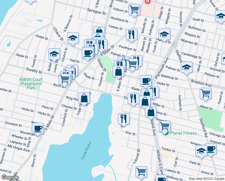 map of restaurants, bars, coffee shops, grocery stores, and more near 1030 Dwelly Street in Fall River