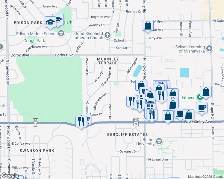 map of restaurants, bars, coffee shops, grocery stores, and more near 564 Preston Drive in South Bend