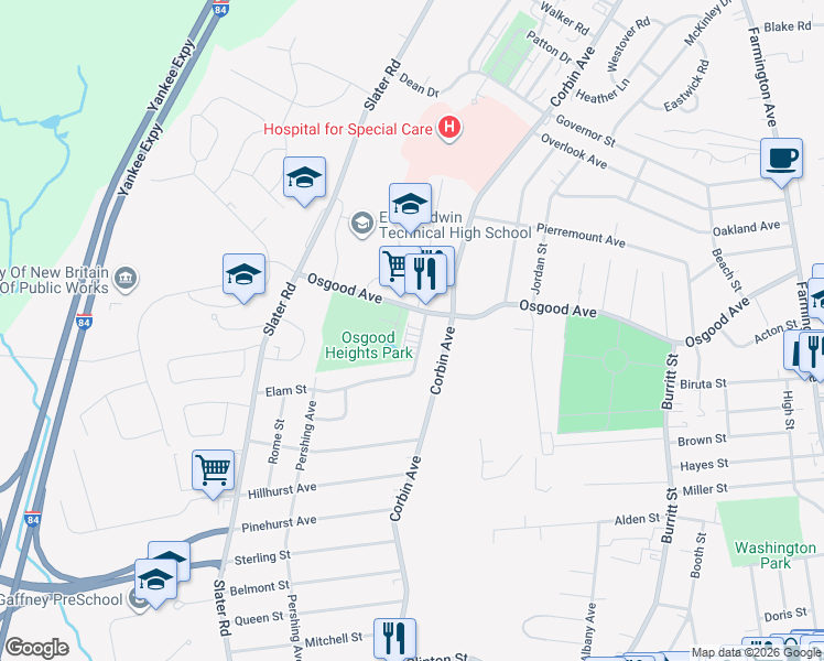 map of restaurants, bars, coffee shops, grocery stores, and more near 21 Elam Street in New Britain