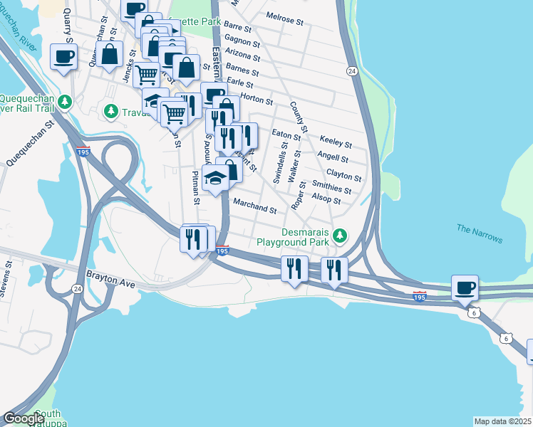 map of restaurants, bars, coffee shops, grocery stores, and more near 162 Jepson Street in Fall River
