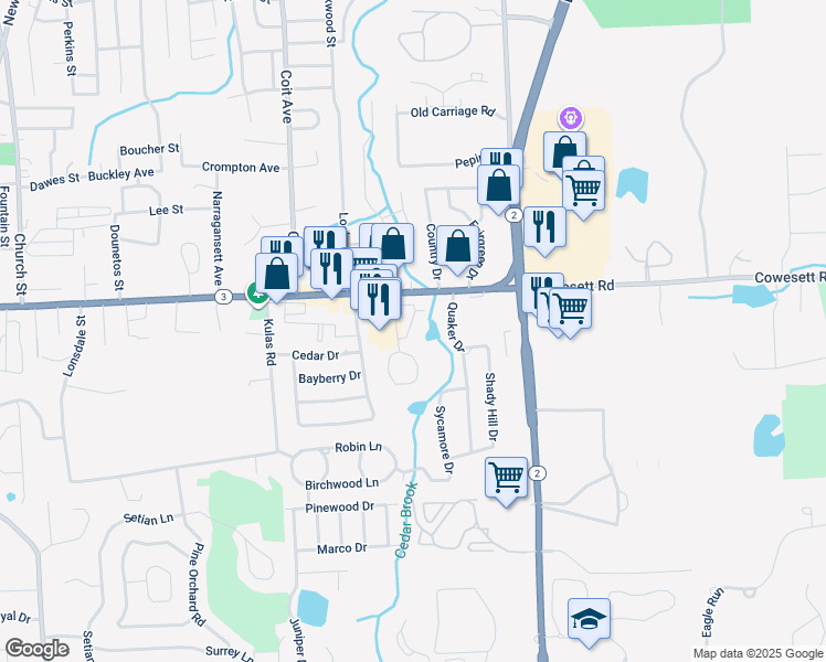 map of restaurants, bars, coffee shops, grocery stores, and more near 36 Village Court in West Warwick