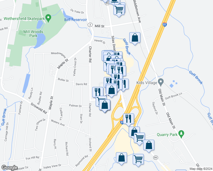 map of restaurants, bars, coffee shops, grocery stores, and more near 96 Mountain Laurel Drive in Wethersfield