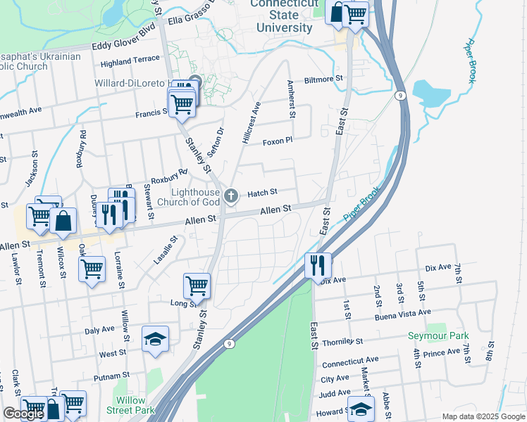 map of restaurants, bars, coffee shops, grocery stores, and more near 630 Allen Street in New Britain