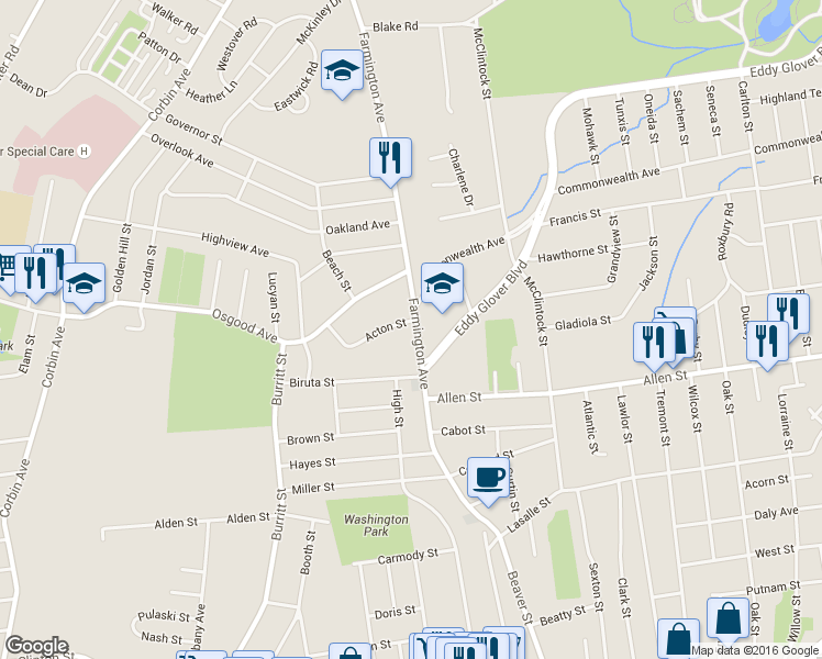 map of restaurants, bars, coffee shops, grocery stores, and more near 26 Acton Street in New Britain