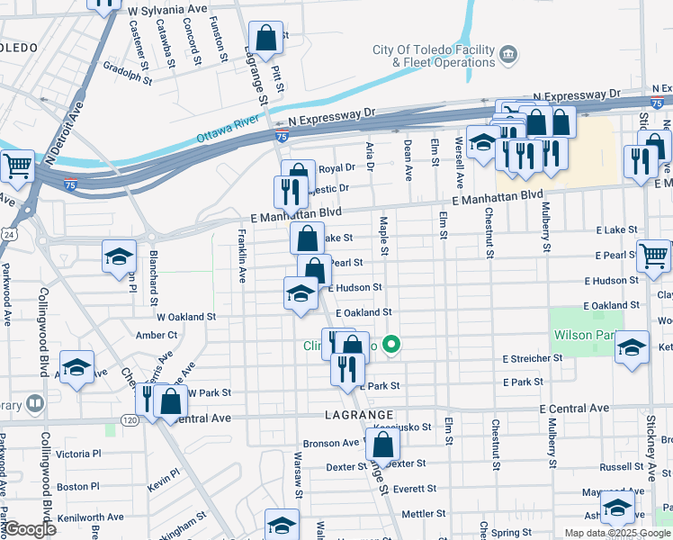 map of restaurants, bars, coffee shops, grocery stores, and more near 235 East Hudson Street in Toledo