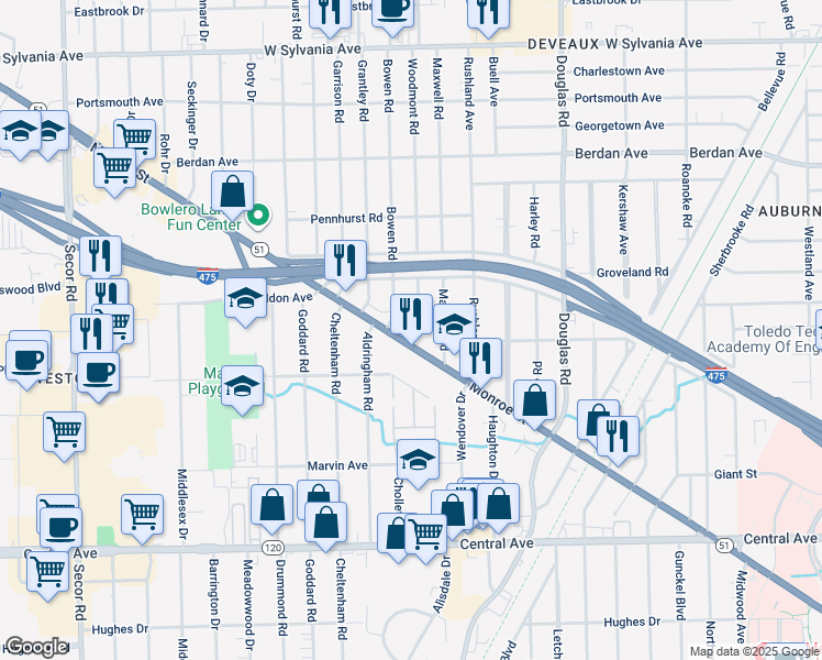 map of restaurants, bars, coffee shops, grocery stores, and more near in Toledo