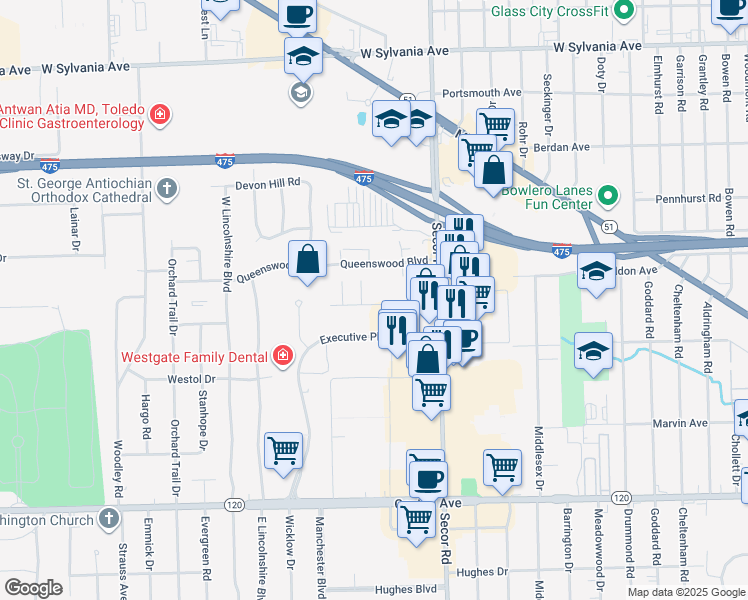 map of restaurants, bars, coffee shops, grocery stores, and more near 3535 Executive Parkway in Toledo