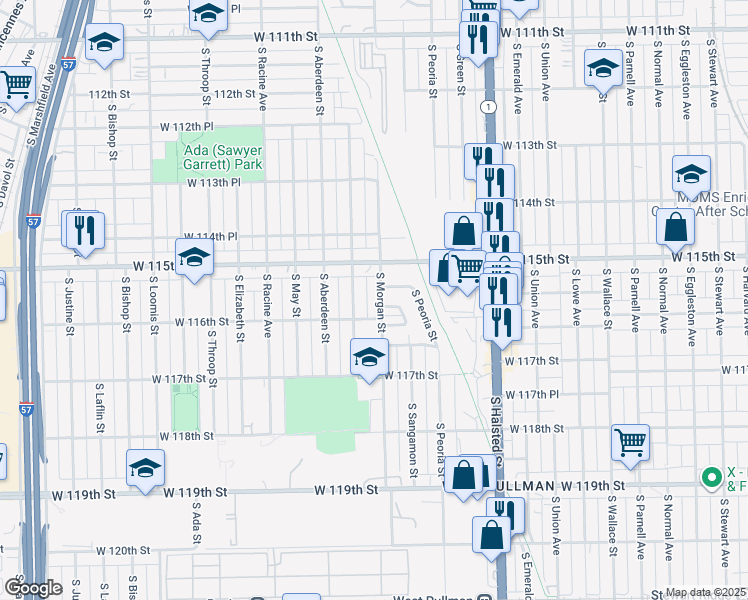 map of restaurants, bars, coffee shops, grocery stores, and more near 11551 South Carpenter Street in Chicago