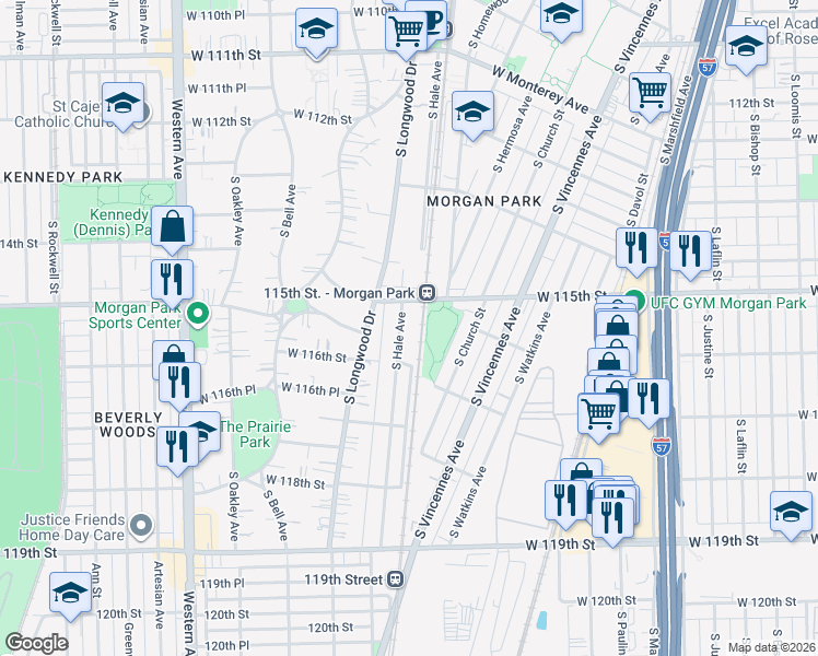 map of restaurants, bars, coffee shops, grocery stores, and more near 11539 South Hale Avenue in Chicago