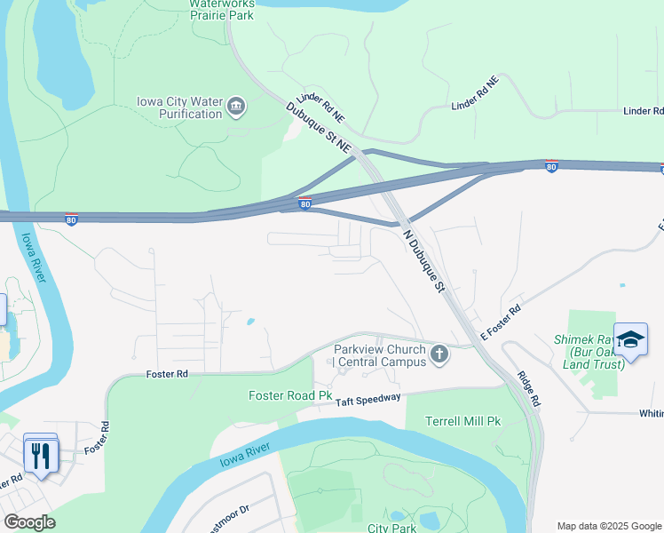 map of restaurants, bars, coffee shops, grocery stores, and more near 200 Haywood Drive in Iowa City
