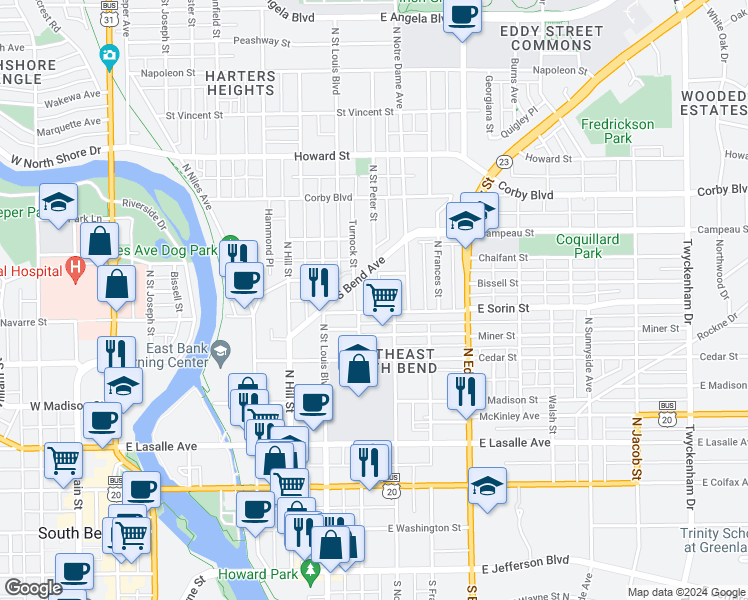 map of restaurants, bars, coffee shops, grocery stores, and more near 610 North Saint Peter Street in South Bend