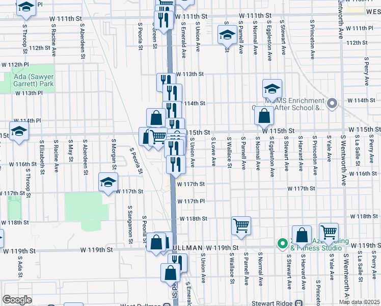 map of restaurants, bars, coffee shops, grocery stores, and more near 721 West 116th Street in Chicago