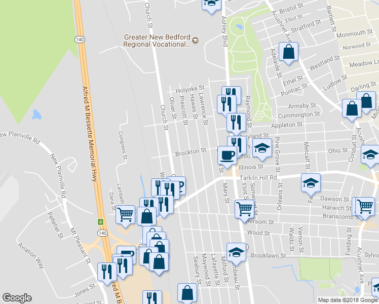 map of restaurants, bars, coffee shops, grocery stores, and more near 369 Brockton Street in New Bedford