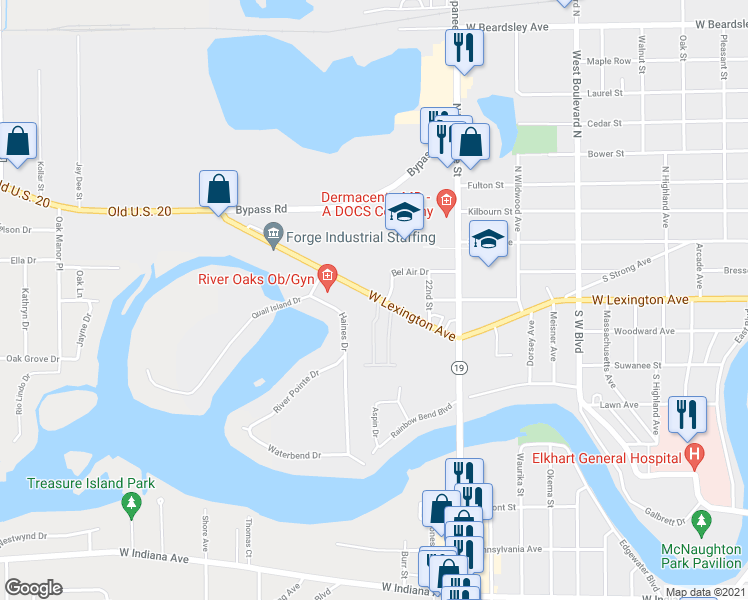 map of restaurants, bars, coffee shops, grocery stores, and more near 2343 West Lexington Avenue in Elkhart