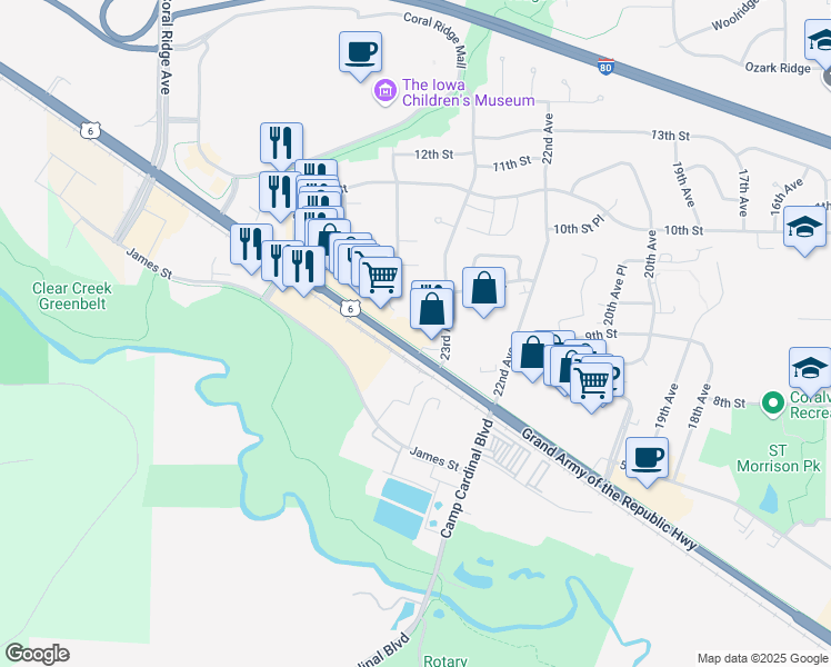 map of restaurants, bars, coffee shops, grocery stores, and more near 2401 2nd Street in Coralville