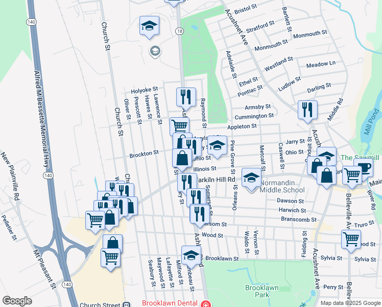 map of restaurants, bars, coffee shops, grocery stores, and more near 258 Ohio Street in New Bedford