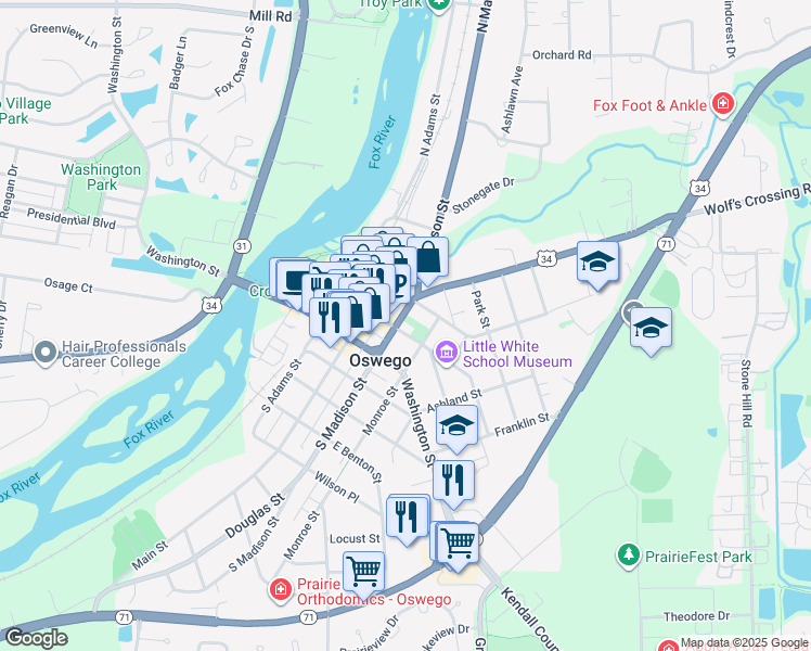map of restaurants, bars, coffee shops, grocery stores, and more near 47 Monroe Street in Oswego