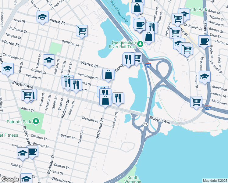 map of restaurants, bars, coffee shops, grocery stores, and more near 172 Jefferson Street in Fall River